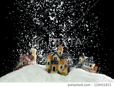 Snow fall cover house over black night background isolated. Winter snow storm falling on house like avalanche from climate change extreme weather disaster 120432831