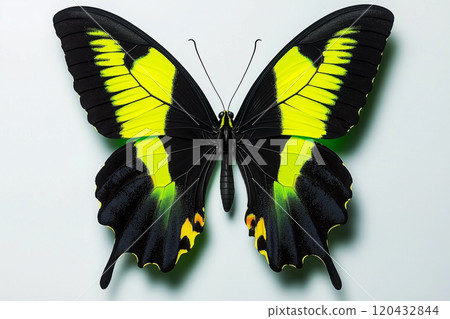 Isolated Vibrant Butterfly with Striking Black and Yellow Colors Against a Clean White Background Showcasing Nature's Intricate Beauty and Details 120432844