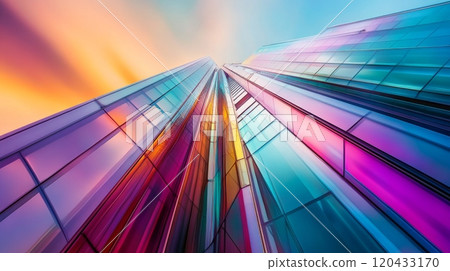 Modern skyscraper reflecting vibrant sunset colors in glass facade 120433170