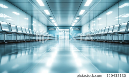 Empty waiting room with metal benches and bright lights 120433180