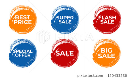 Creative Discount Labels and sale stickers painted brush strokes. For advertising web banner social network email. Bright and attractive design. Vector illustration. Creative Discount Labels and sale stickers painted brush strokes. For advertising web banner social network email. Bright and attractive design. Vector illustration. 120433286