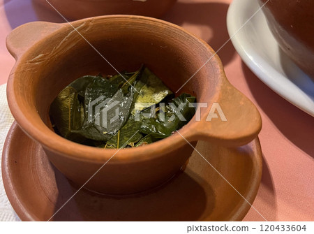 Close-up photo of a bowl containing coca leaves.Natural medicine. Close-up photo of a bowl containing coca leaves.Natural medicine. 120433604