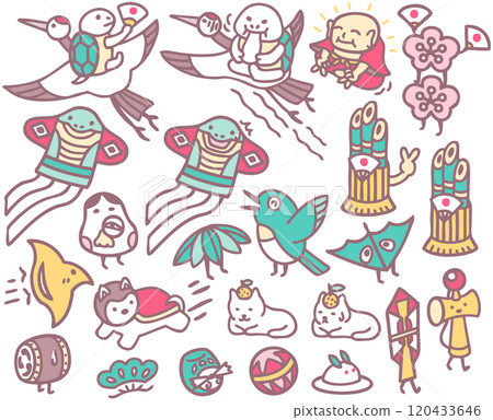 新年賀卡素材吉祥物鶴龜人物插畫 120433646