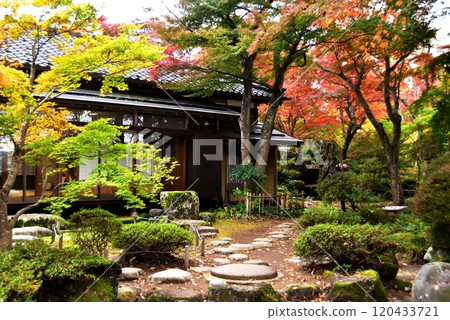 新潟縣長岡市、友岡山莊、紅葉花園的庭園及紅葉 120433721