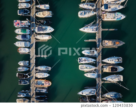 Marina with yachts top down view 120433830