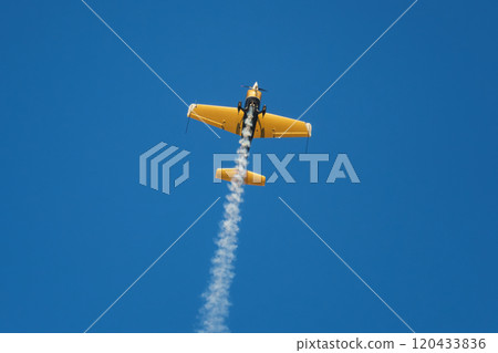Stunt aerobatic plane performing stunts in air Stunt aerobatic plane performing stunts in air 120433836