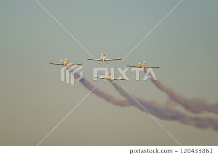 Stunt aerobatic planes performing stunts in air Stunt aerobatic planes performing stunts in air 120433861