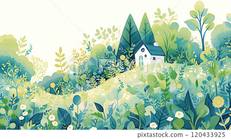 Watercolor illustration landscape of a house in an abstract forest 120433925