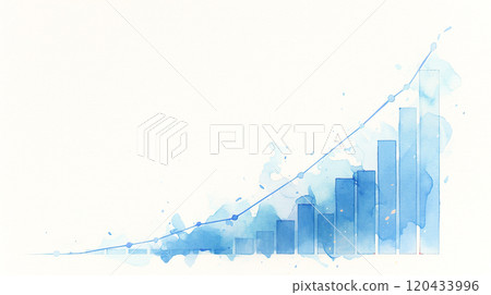 Hand-drawn watercolor illustration of a blue upward-sloping bar graph and line graph on a white background Hand-drawn watercolor illustration of a blue upward-sloping bar graph and line graph on a white background 120433996