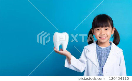 A girl in a white coat holding a dental model 120434110