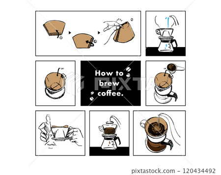 Illustration of how to brew hand-drip coffee. 120434492