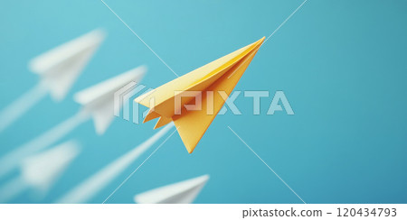 yellow paper plane leading group of white planes in flight 120434793