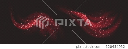 Red magic cloud with sparkles, stardust sparkling decoration. Glowing glitter smoke trail. 120434932