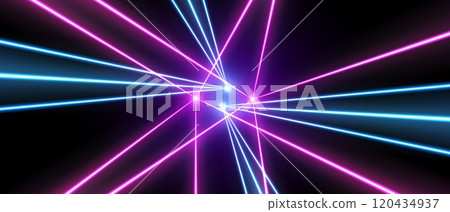 Laser rays or beams, glowing neon lines, bright futuristic background 120434937