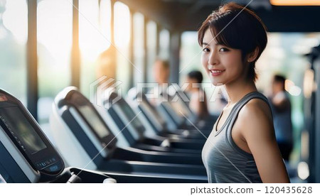 Young woman exercising on a running machine 120435628