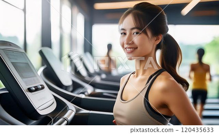 Young woman exercising on a running machine 120435633