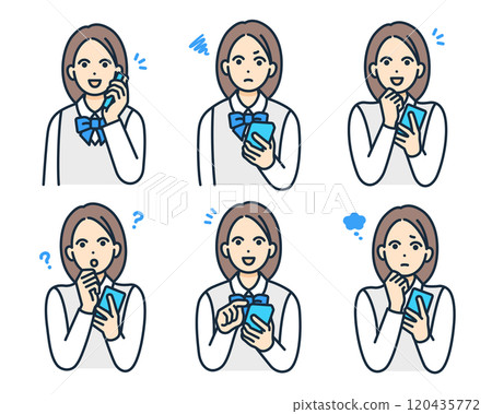 Students in uniform. Vector illustration set of high school girls holding smartphones. 120435772