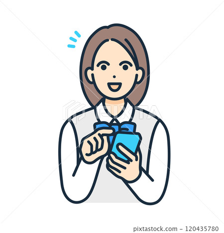A smiling girl. An illustration of a high school girl in a blazer holding a smartphone. 120435780