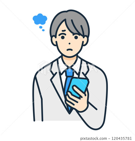 A high school student using SNS. An illustration of a boy who is having trouble and feeling anxious and confused. 120435781