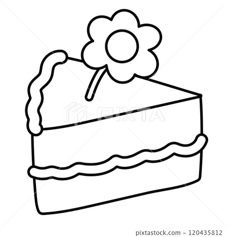 Outline of cake slice with flower for sweet dessert, cafe, restaurant, menu, recipe, baking element, cute patch, anniversary, wedding card, print, kid colouring book, art, painting, sketch Outline of cake slice with flower for sweet dessert, cafe, restaurant, menu, recipe, baking element, cute patch, anniversary, wedding card, print, kid colouring book, art, painting, sketch 120435812