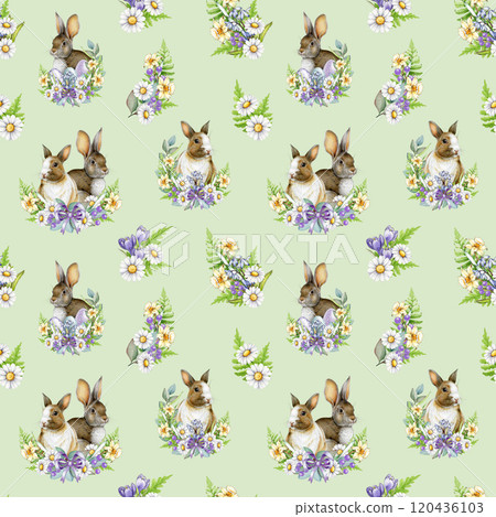 Hand drawn vintage style seamless Easter pattern with cute little bunnies, tender primrose floral bouquets, daisies on light green background. Perfect for spring decor, gift wrap and holiday designs Hand drawn vintage style seamless Easter pattern with cute little bunnies, tender primrose floral bouquets, daisies on light green background. Perfect for spring decor, gift wrap and holiday designs 120436103