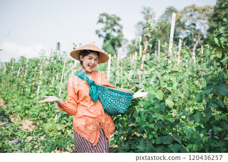 A Cheerful Woman in a Field, Wearing a Straw Hat and Colorful Attire with Joy 120436257
