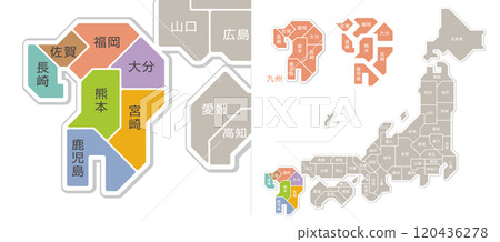 日本九州地區地圖,以縣名進行顏色編碼 日本九州地區地圖,以縣名進行顏色編碼 120436278