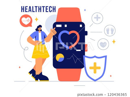 Health Tech Vector Illustration Featuring Modern High Technology Devices used in Everyday Life for Tracking Health Conditions in a Flat Background 120436365