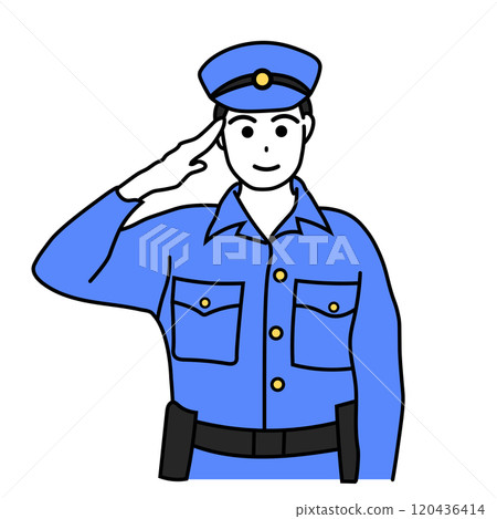 一名身穿藍色制服的警察敬禮的插圖 一名身穿藍色制服的警察敬禮的插圖 120436414