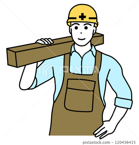 木匠戴著工作頭盔搬運木材的插圖 120436415
