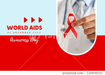 AIDS day, red ribbon in doctor's hand with text 120436532