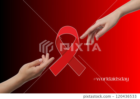 AIDS day, hands and red ribbon on red background close up 120436533