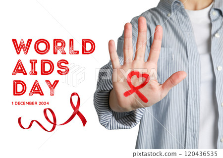 AIDS day, man's hand with a drawing symbol of the fight against AIDS on a white background with text 120436535