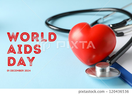 AIDS Day, music notebook, phonendoscope and heart on a light background with text 120436536
