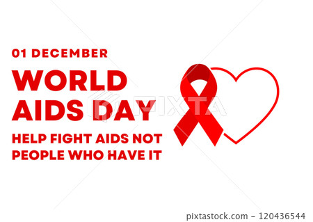 AIDS day, red ribbon, drawing of a heart on a white background with text AIDS day, red ribbon, drawing of a heart on a white background with text 120436544