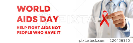 AIDS day, red ribbon in doctor's hand on white background with text 120436550