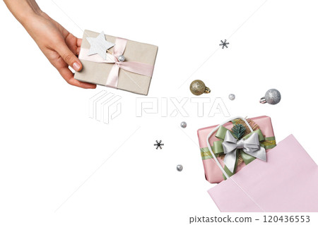 PNG, Christmas gift boxes with Christmas toys isolated on white background. PNG, Christmas gift boxes with Christmas toys isolated on white background. 120436553