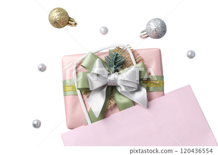 PNG, Christmas gift boxes with Christmas toys isolated on white background. 120436554