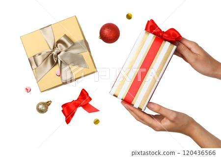 PNG, Christmas gift boxes with Christmas toys isolated on white background. PNG, Christmas gift boxes with Christmas toys isolated on white background. 120436566