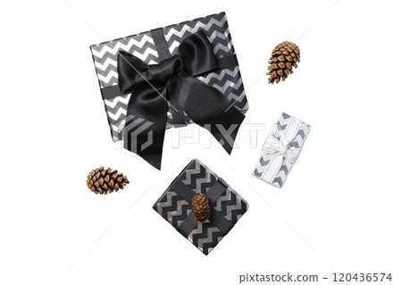 PNG, Christmas gift boxes with Christmas toys isolated on white background. PNG, Christmas gift boxes with Christmas toys isolated on white background. 120436574