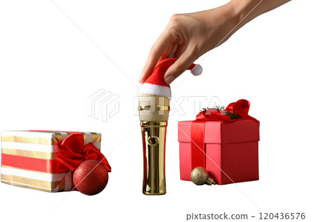PNG, Christmas gifts with microphone, microphone with santa hat isolated on white background. PNG, Christmas gifts with microphone, microphone with santa hat isolated on white background. 120436576