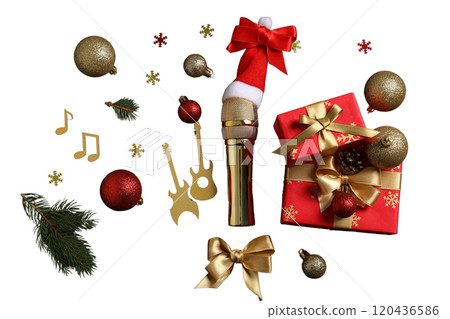 PNG, New Year gift, Christmas gifts with microphone isolated on white background. 120436586