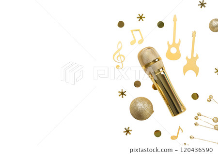 PNG, New Year gifts with microphone, golden microphone isolated on white background. PNG, New Year gifts with microphone, golden microphone isolated on white background. 120436590