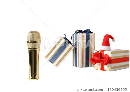 PNG, New Year gifts with microphone, golden microphone isolated on white background. PNG, New Year gifts with microphone, golden microphone isolated on white background. 120436595