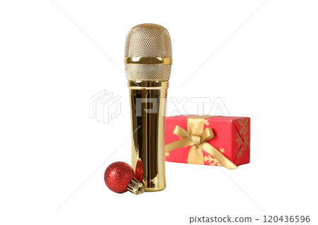 PNG, New Year gifts with microphone, golden microphone isolated on white background. 120436596