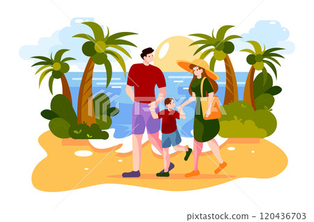 Happy family walking outdoors along ocean beach 120436703