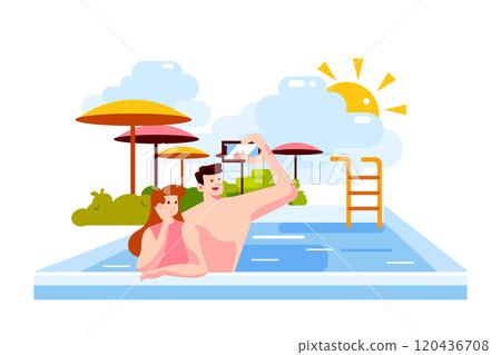 Young couple are making selfie while having fun in pool Young couple are making selfie while having fun in pool 120436708
