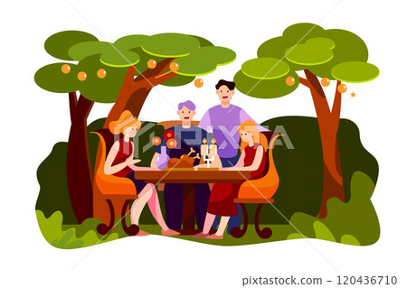 Happy friends having meat for dinner at summer garden party at night Happy friends having meat for dinner at summer garden party at night 120436710