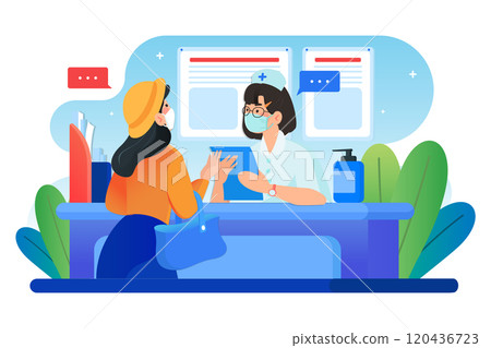 Women wearing mask asking nurse in hospital 120436723