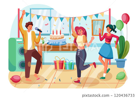 Group of young persons with festive attributes during dances on birth day party 120436733